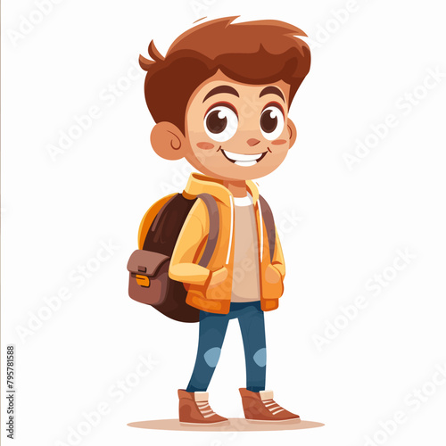 A young boy is smiling and holding a backpack