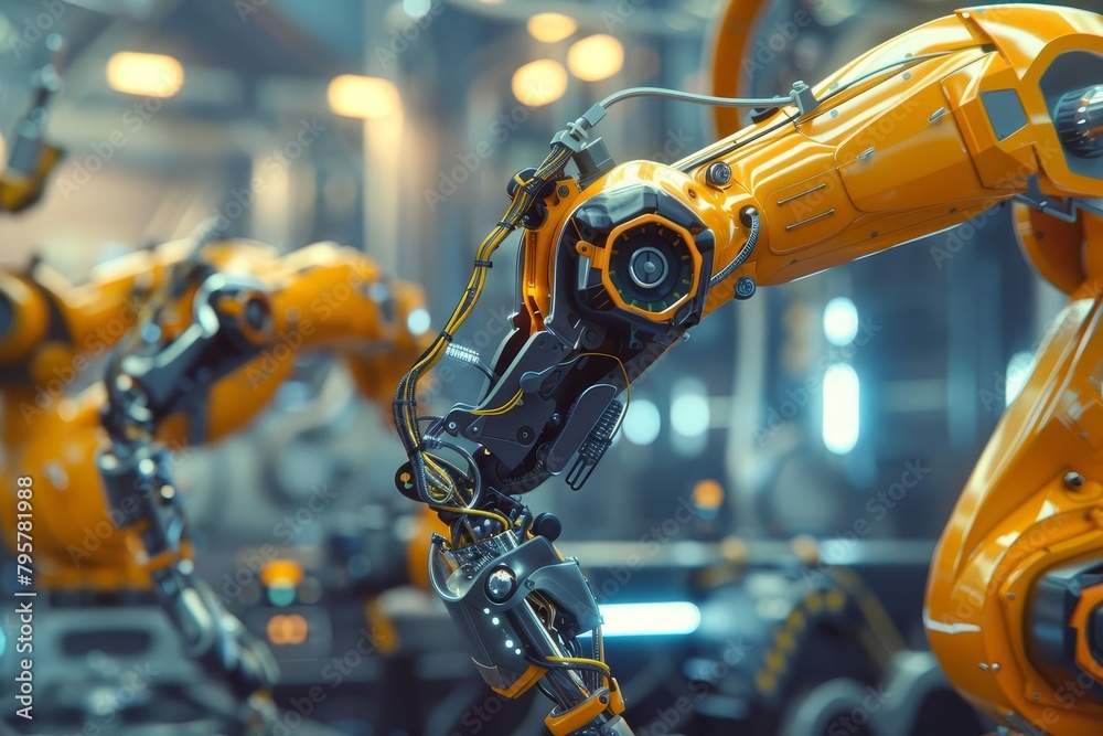 futuristic industrial robot arm in automated factory illustration 3d rendering