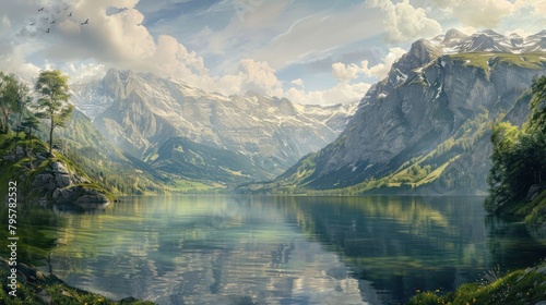 Beautiful large panorama of mountain range with calm lake water landscape. AI generated image