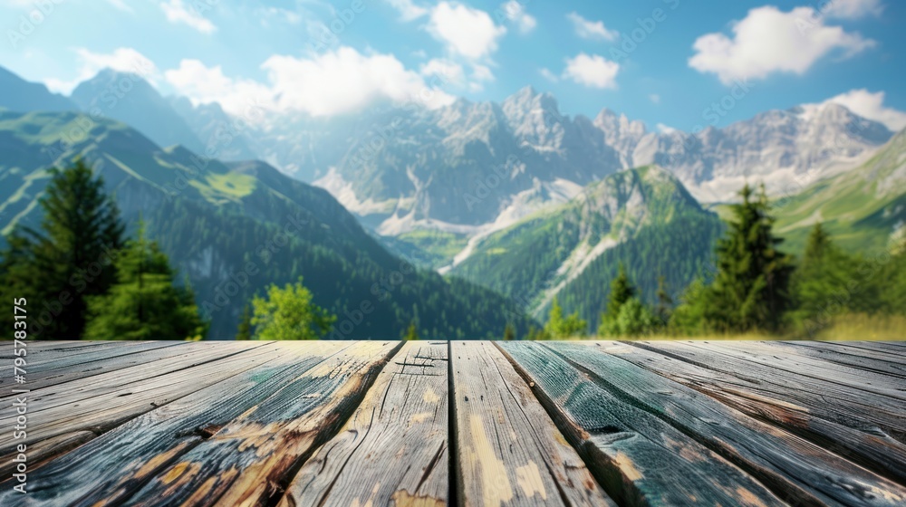Beautiful view from wooden table the pine forest with mountains landscape background. AI generated