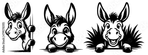 donkey cute animal black vector, silhouette illustration laser cutting engraving transparent background, monochrome shape