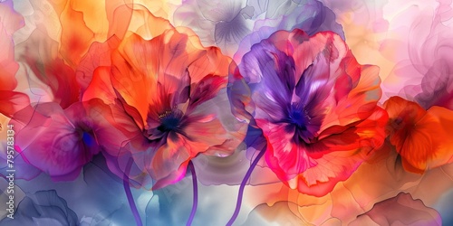 Bright Watercolor Banner of Abstract, Colorful Flowers on a Fluid Background 