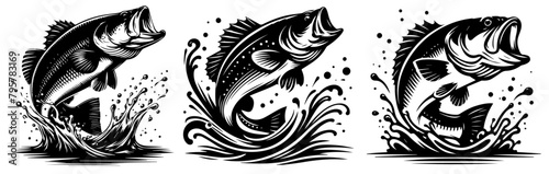 a fish jumping above the water, black decoratiion vector, animal shape silhouette decorative vector, monochrome print clipart illustration, laser cutting engraving nocolor photo