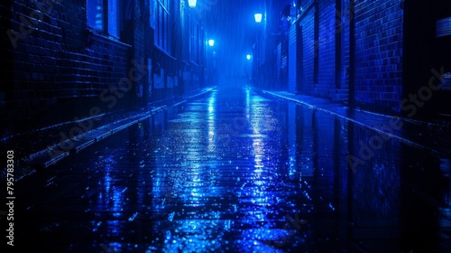 rainy blue city street at night, lights and reflections on the pavement