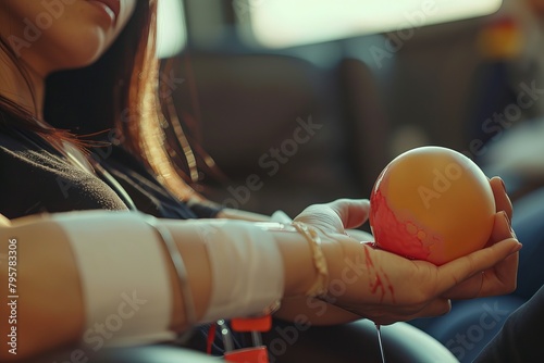 Close up right arm of asian female receiving blood and holding rubber ball in hand. Healthcare and charity. Transfusion blood donation. World blood donor day