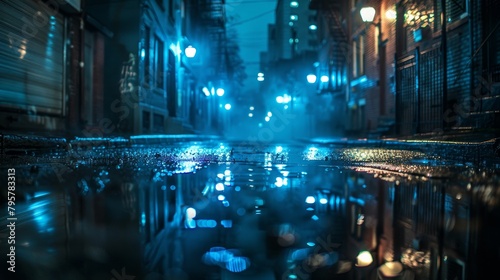 rainy blue city street at night  lights and reflections on the pavement