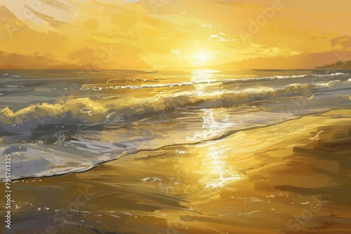 golden sunrise over calm ocean waves peaceful morning mood digital painting