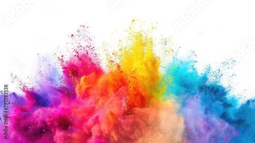 Сolorful rainbow holi paint color powder explosion isolated on white, panorama background with free place for text