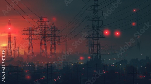 Panoramic view of high power transmission towers at dusk sunset scene landscape. AI generated