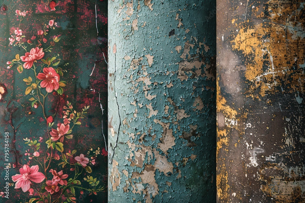 Three distinct wallpaper designs displayed side by side, showcasing floral patterns and textured peeling paint in vibrant and muted colors.