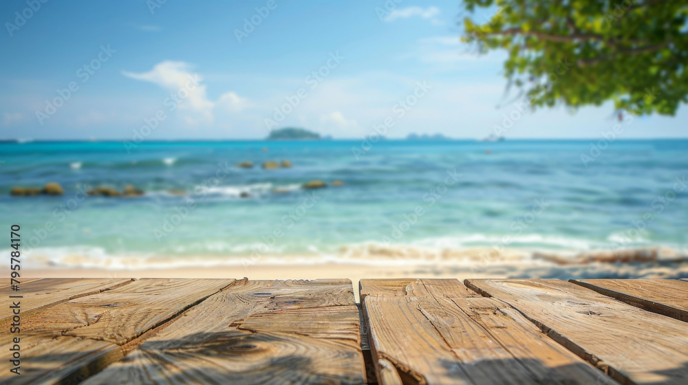 Empty wooden deck with blurred tropical beach background for product display Empty wooden deck with blurred tropical beach background for product display