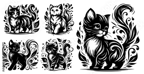 little cat, black decoratiion vector, animal shape silhouette decorative vector, monochrome print clipart illustration, laser cutting engraving nocolor