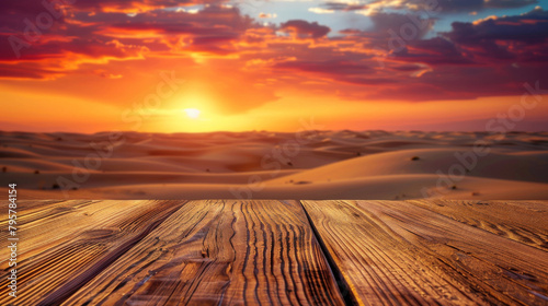 Empty wooden table with a serene desert sunset backdrop  ideal for product display