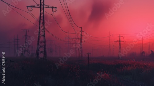 Panoramic view of high power transmission towers at dusk sunset scene landscape. AI generated