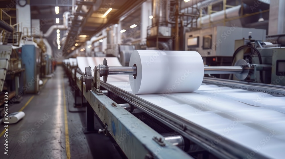 Closeup white paper rolling on web printing press machine industry. AI generated image