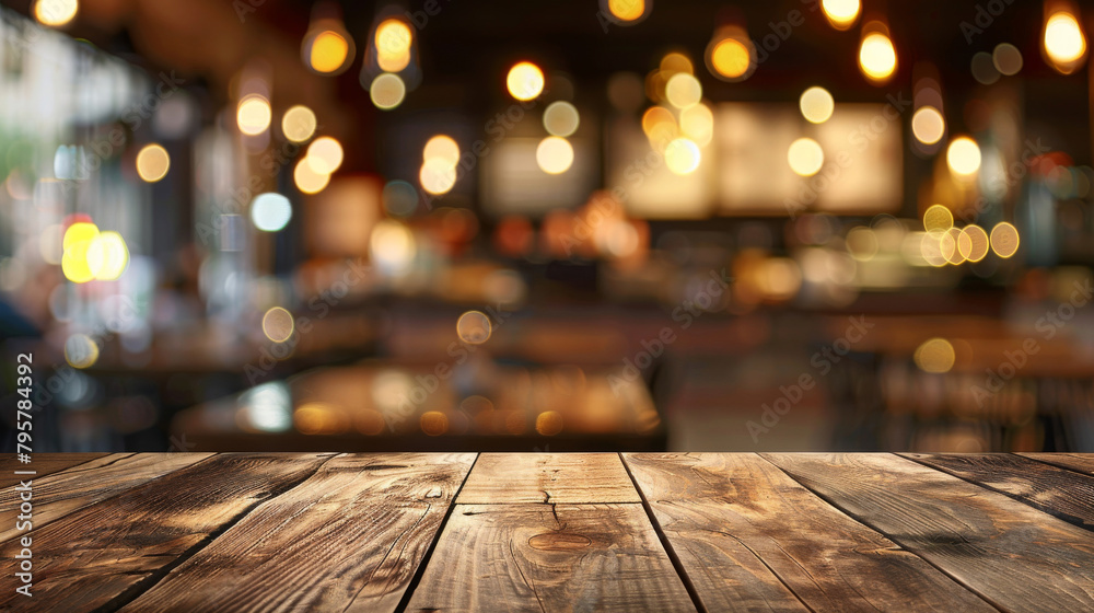 Wooden table with blurred bistro background, perfect for showcasing products Wooden table with blurred bistro background, perfect for showcasing products