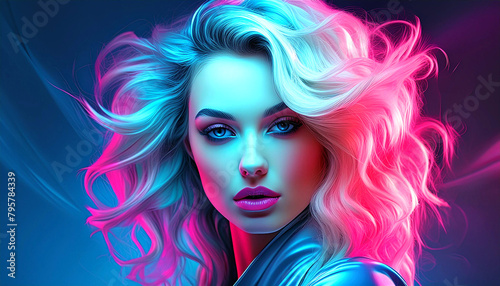 Illustration of an attractive female blonde glamour model with blue and pink neon lighting. © Adrianna