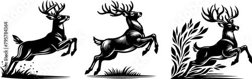run deer, black animal shape silhouette vector, monochrome print clipart illustration, laser cutting engraving nocolor