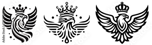 eagle with crown, hand drawn vector logo illustration, black animal shape silhouette svg, laser cutting cnc engraving photo