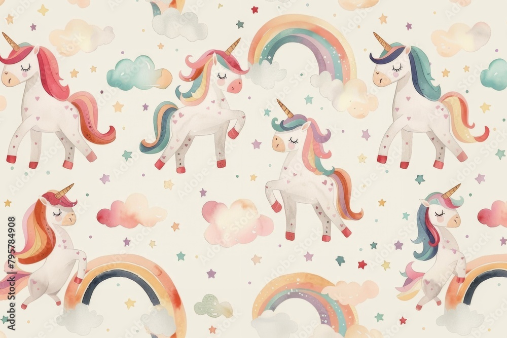 Seamless pattern, cute unicorns and rainbows, on a light background, repeating pattern, watercolor style Seamless pattern, cute unicorns and rainbows, on a light background, repeating pattern, watercolor style