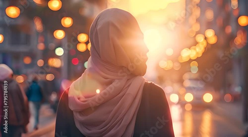 back view. hijab woman walking on city streets with bokeh background