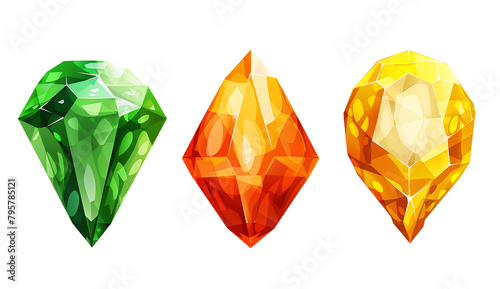  3 icons of yellow, brown and green gems on white background photo