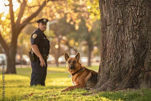 An alert police dog sits by a tree in a park with glowing sunset light, symbolizing justice and protection working alongside law enforcement photo