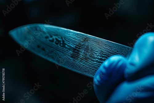 A knife with intricate fingerprint patterns on its blade reflects concepts of identity and crime forensics photo