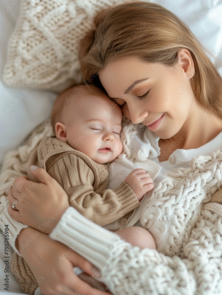 A woman in a white sweater holding her baby on the bed. Generative AI. A woman in a white sweater holding her baby on the bed. Generative AI.