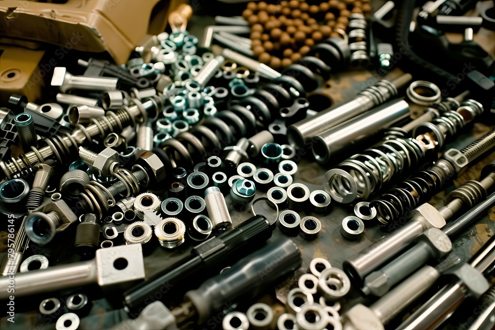 bicycle parts on a black background. stars and connecting rods. Steering wheel. nuts close-up