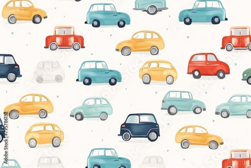 Seamless pattern, cute little cars, on a light background, repeating pattern, watercolor style