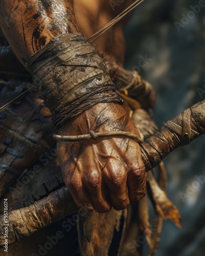Close-up: hunter's hand grips bow and arrow. Intricate details, realistic textures. Soft light highlights sinewy muscles. 🏹🌿🌟