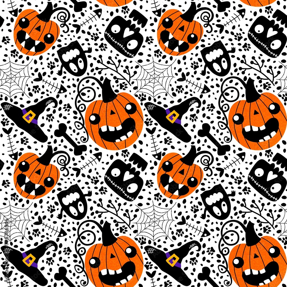 Cartoon Halloween pumpkins seamless ghost and skulls and bones and web and witch hat pattern Cartoon Halloween pumpkins seamless ghost and skulls and bones and web and witch hat pattern