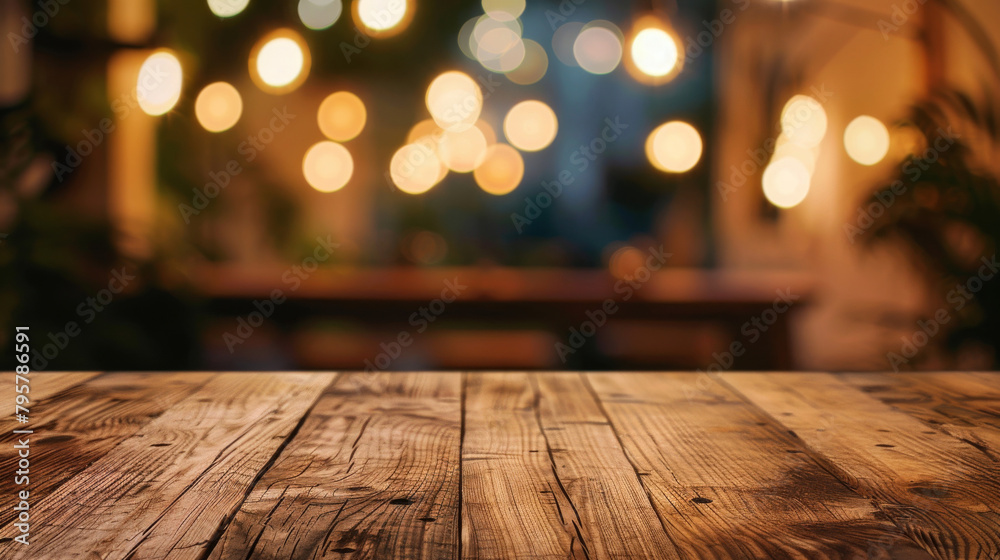 Rustic wood surface with warm bokeh lighting, ideal for product displays Rustic wood surface with warm bokeh lighting, ideal for product displays