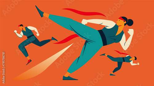 The smooth flow of a series of kicks and punches seamlessly transition into a series of dynamic stretches strengthening and preparing the body