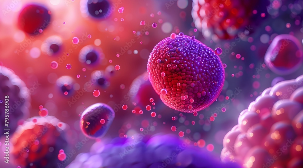 A macro photography of an abstract cell and other cells in the background, some purple and red spheres. A macro photography of an abstract cell and other cells in the background, some purple and red spheres.