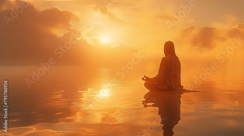 A spiritual guru meditates on a serene misty lake, embraced by the warm glow of a rising sun, radiating peace and reflection photo