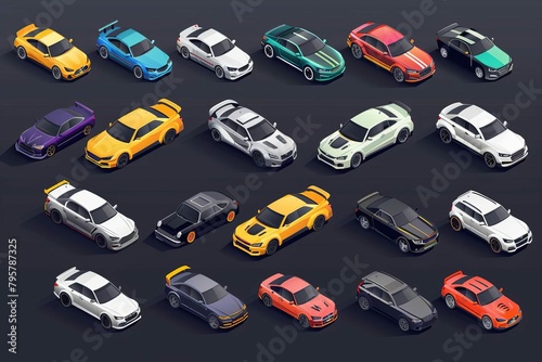 isometric icons of modern cars in various colors shapes and sizes automotive design set