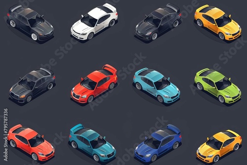 isometric icons of modern cars in various colors shapes and sizes automotive design set