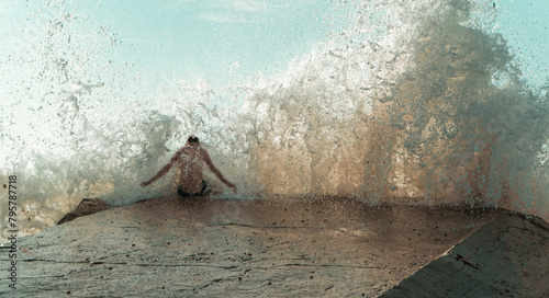 Powerful ocean wave crashing over person on pier in Capbreton