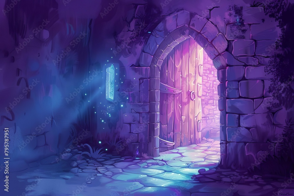 magical castle chamber with enchanted wooden door childrens book illustration