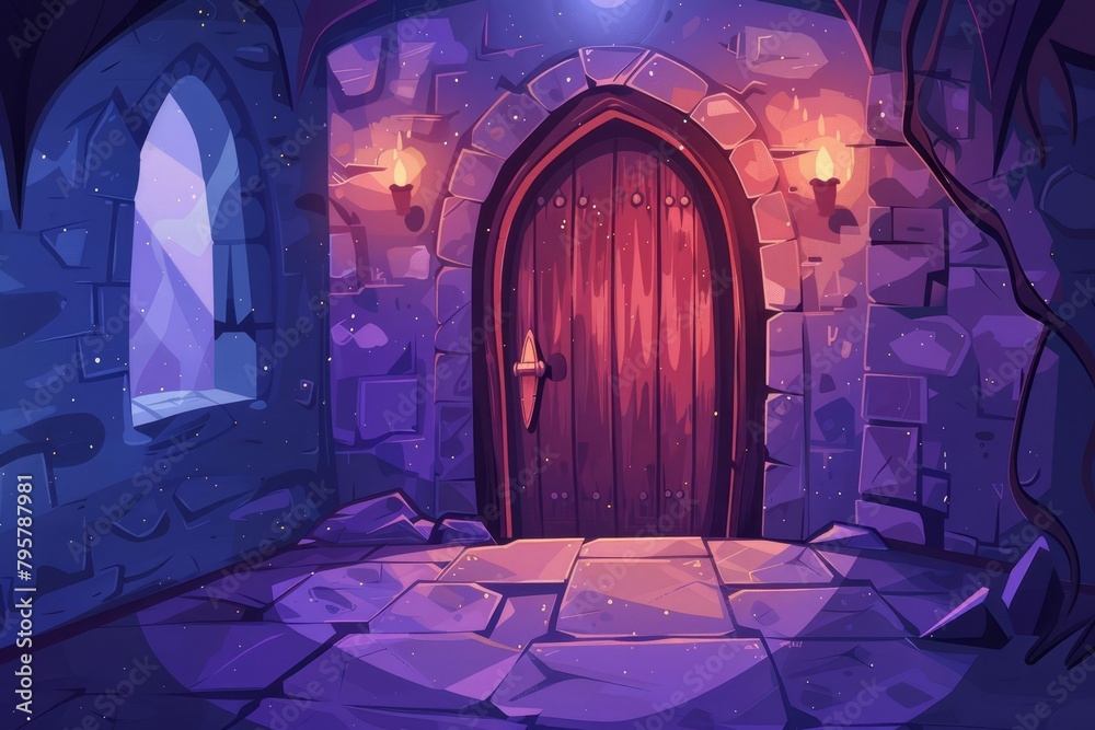 magical castle chamber with enchanted wooden door childrens book illustration