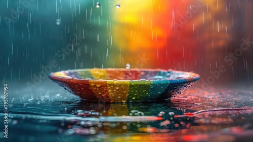 Rain drops falling on colorful ceramic bowl with water droplets on colorful background