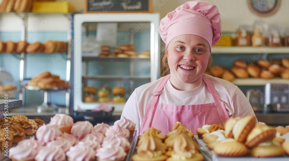 Proud baker with down syndrome surrounded by freshly baked goods