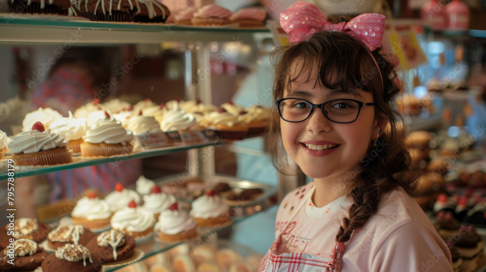 Girl with down syndrome happily admiring a display of tempting cupcakes at a bakery