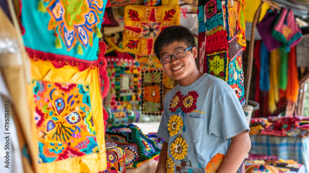 Young man with down syndrome happily explores a bustling textile market