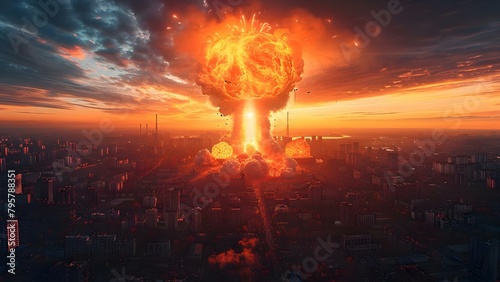 Risk of global nuclear war with planetwide bomb explosions and danger signs. Concept Global Nuclear Threat, Planetwide Bomb Explosions, Danger Signs