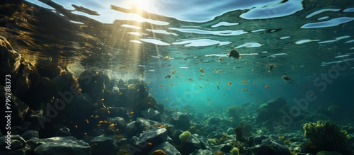 Underwater view of the sea with lots of trash, Plastic bottles floating in the water. Plastic pollution concept. photo