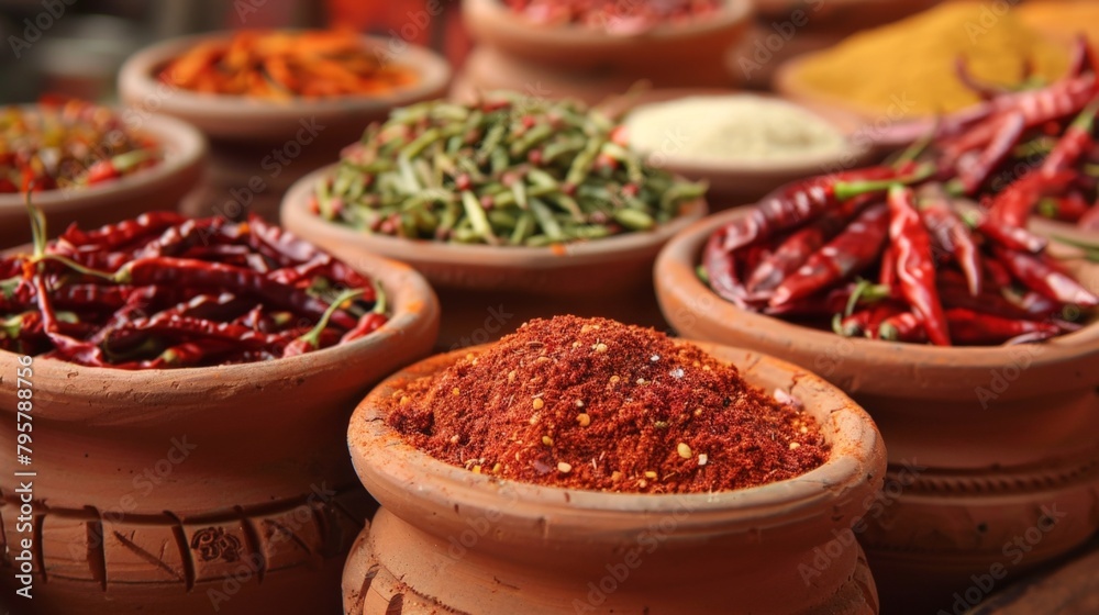 Bowls of chilies and spices displayed Bowls of chilies and spices displayed