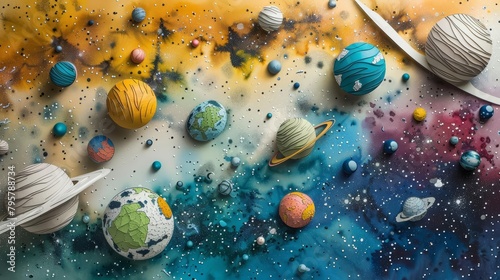 A beautiful watercolor painting of a solar system with planets and stars.
